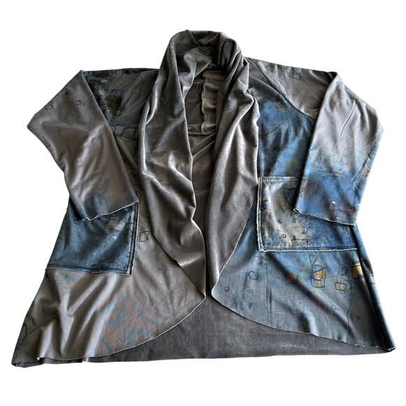 3Potato Art to Wear Lagenlook Plush Lined Printed Shawl Collar Open Cardigan M/L - Picture 1 of 9